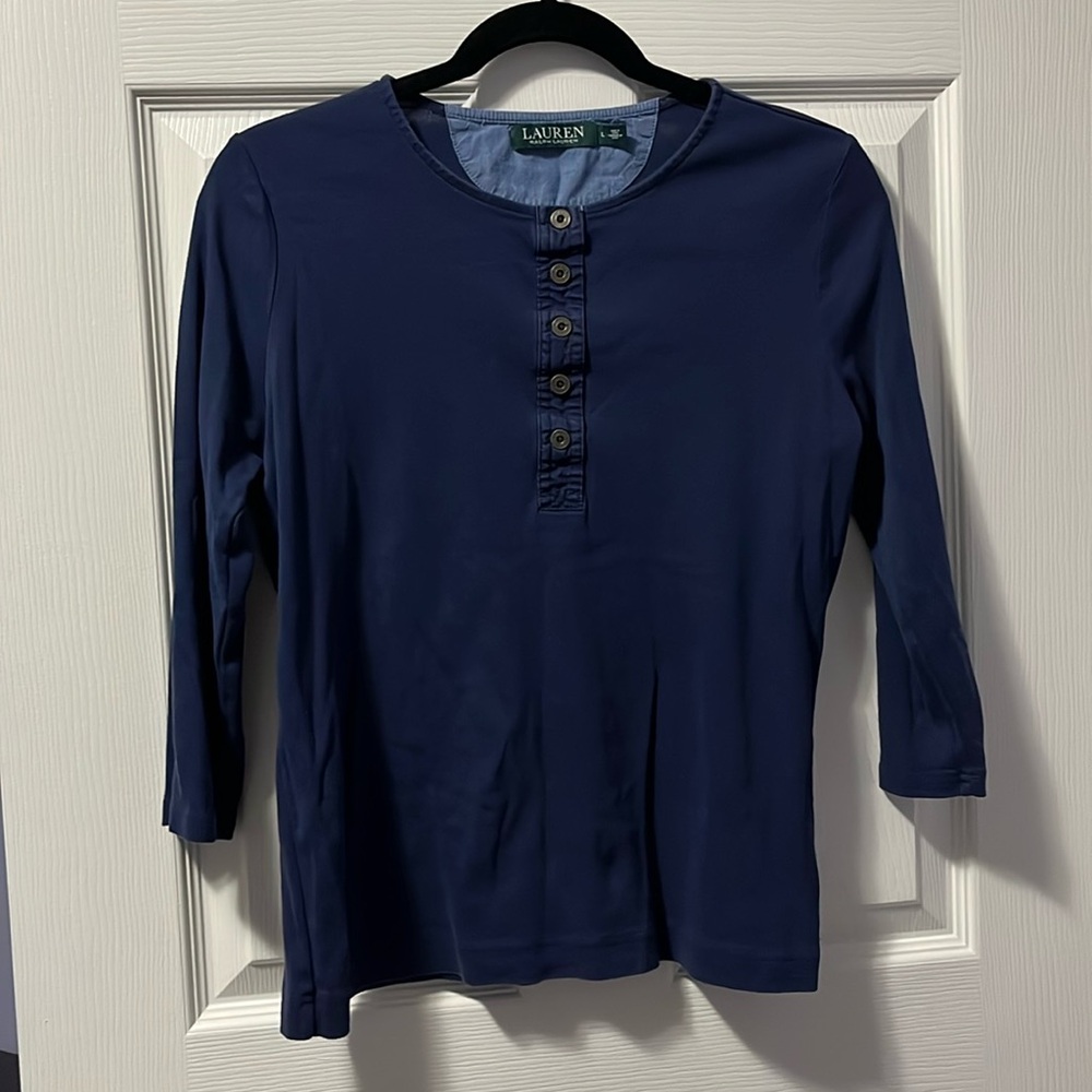 Women's Lauren Ralph Lauren 3/4 Sleeve Shirt 100% Cotton Buttoned Navy Blue
